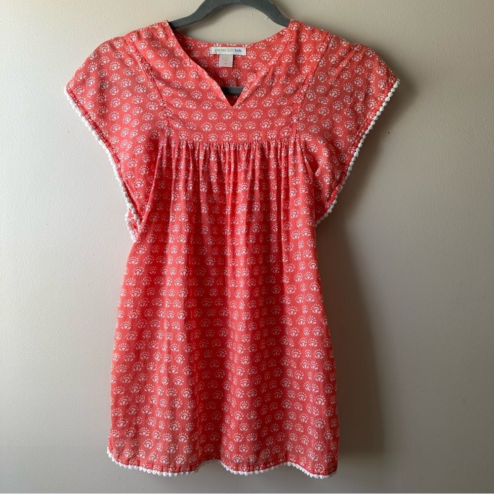 Garnet Hill Kids Coral Vacation Botanical Beach Swim Tunic Dress Size M Pom Pom